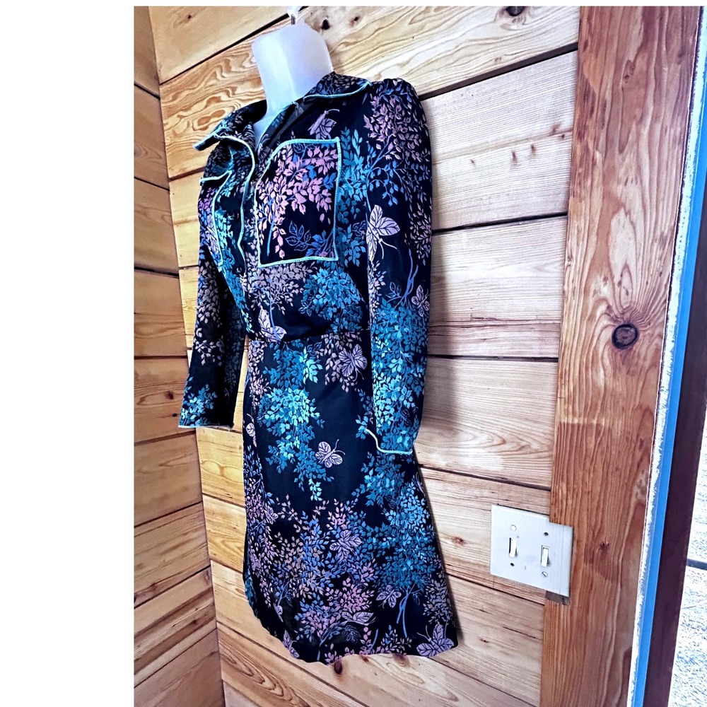 Vintage Sears Butterfly‎ Floral Print Dress Long Sleeve Elastic Waist Black Pink - Picture 2 of 12